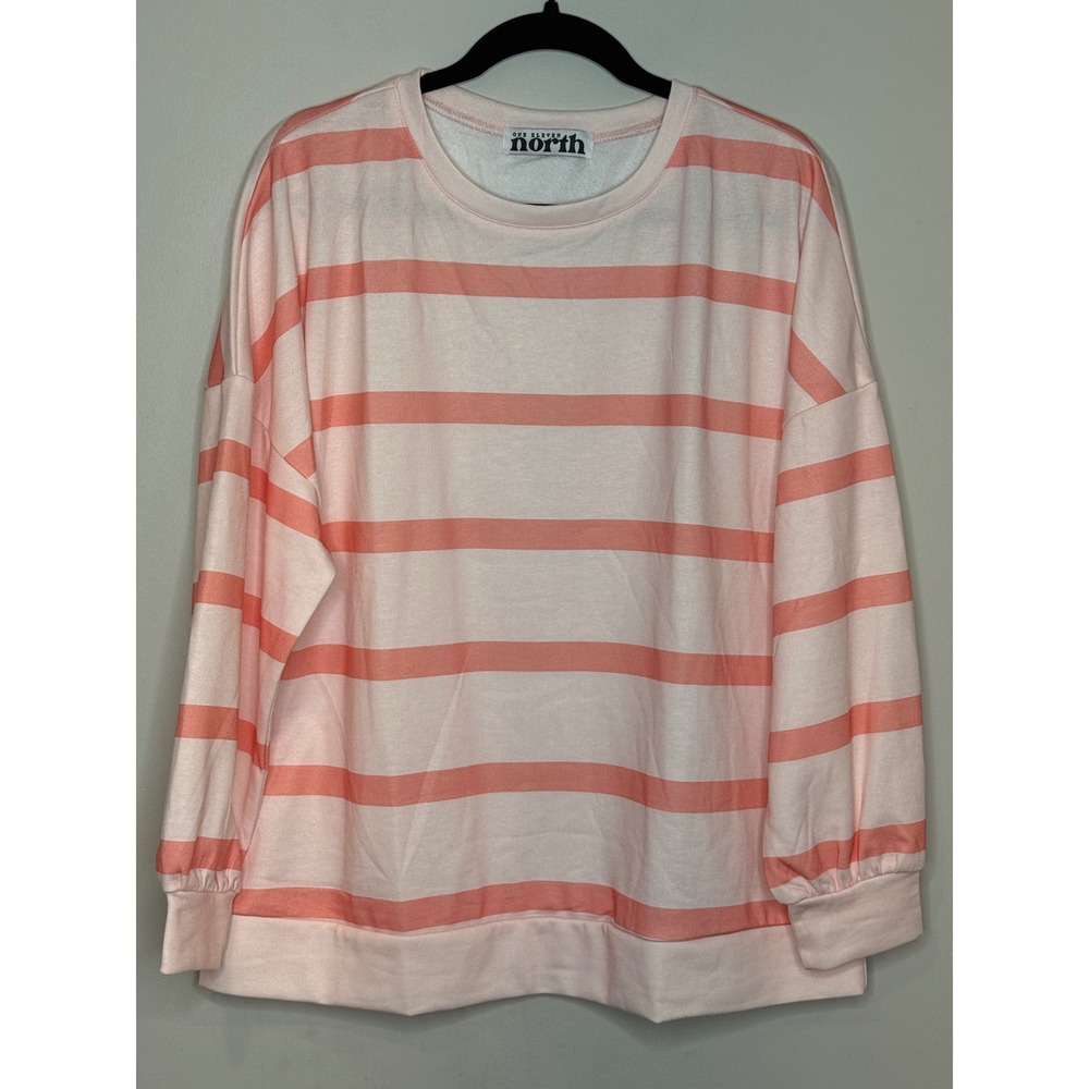 One Eleven North Pink Coral Striped Crewneck Sweatshirt Medium Pullover Top